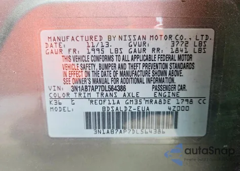 2013 Nissan Sentra S z USA, uszkodzony, nr VIN 3N1AB7AP7DL564386